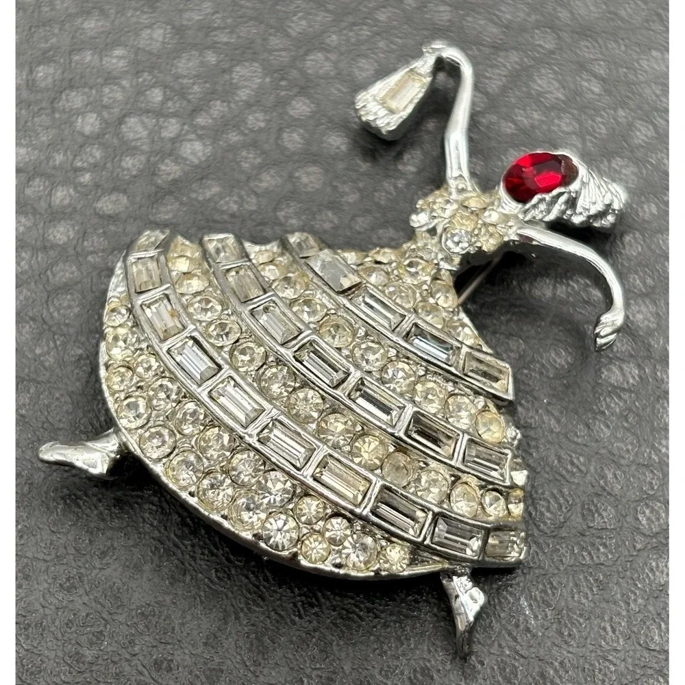Vintage Rhinestone Ballerina Dancer Lady Brooch Pin Red Crystal Silver Tone